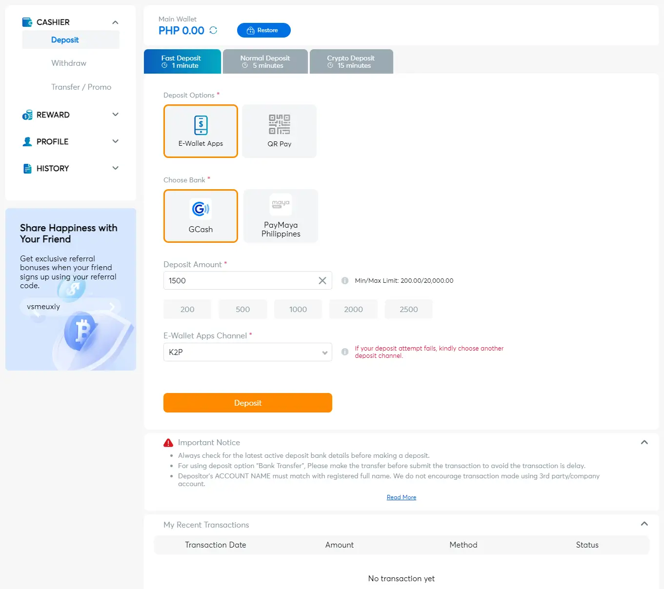 BK8 Create Account Enter BK8 Deposit Amount