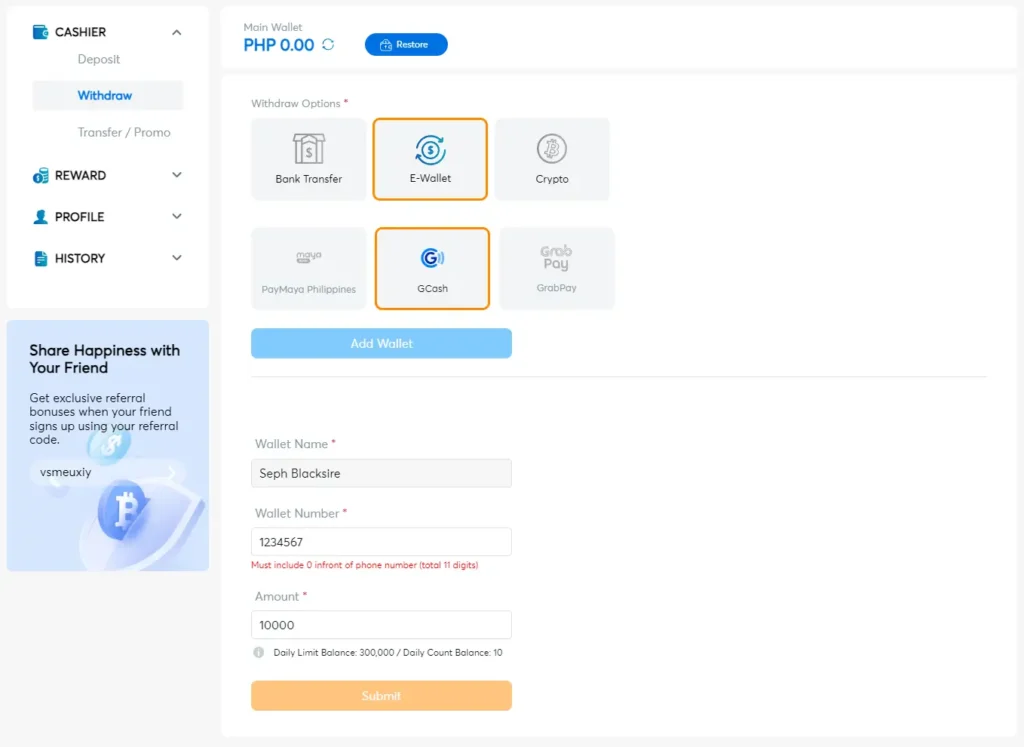 Enter BK8 Withdrawal Amount Enter BK8 Withdrawal Amount